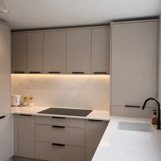 DIY Kitchens Carrara kitchen with slab-front doors, boiler cupboard, tall larder units, and wall cupboards 